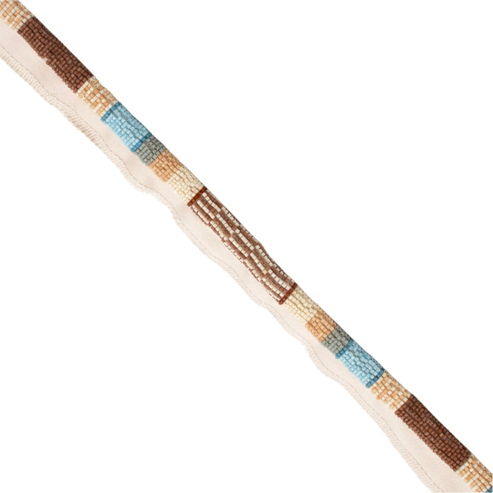 #hazelbrook Ferox beaded cord trim in Hazel Brook, brown, blue and cream glass seed beads on a cream tape