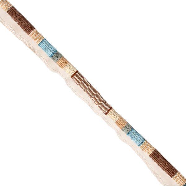 #hazelbrook Ferox beaded cord trim in Hazel Brook, brown, blue and cream glass seed beads on a cream tape