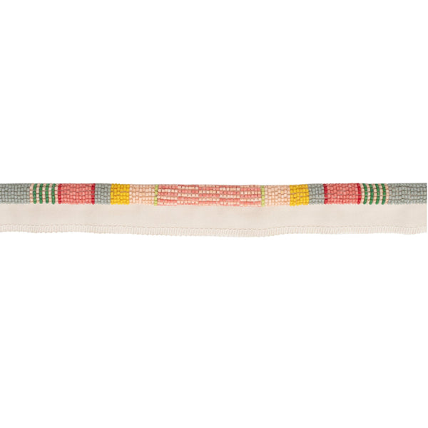 #pixiedust Ferox beaded cord trim in Pixie Dust, coral, yellow and green glass seed beads on a cream tape