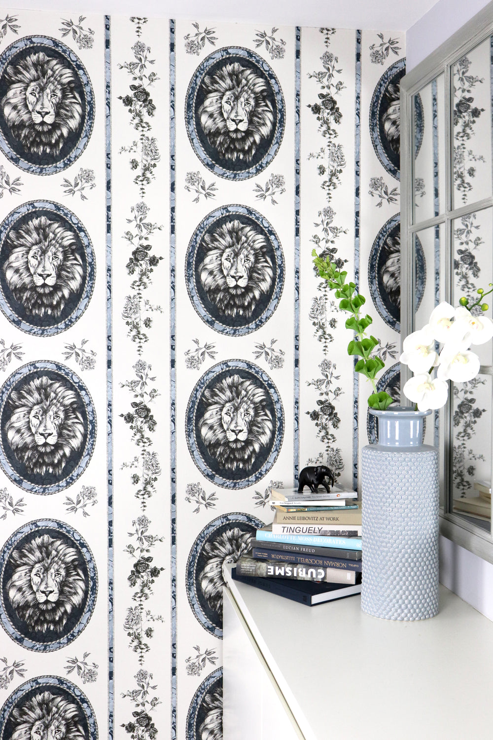 #pebble Lion Toile Wallpaper in Pebble by The Vale London