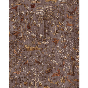 #autumn Mighty Jungle outdoor fabric in Autumn, a hand-drawn jungle print of palms, birds and flowers in tan and cream on a warm brown ground