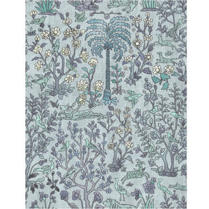 #lagune Mighty Jungle outdoor fabric in Lagune, a hand-drawn jungle print of palms, birds and flowers on a blue ground