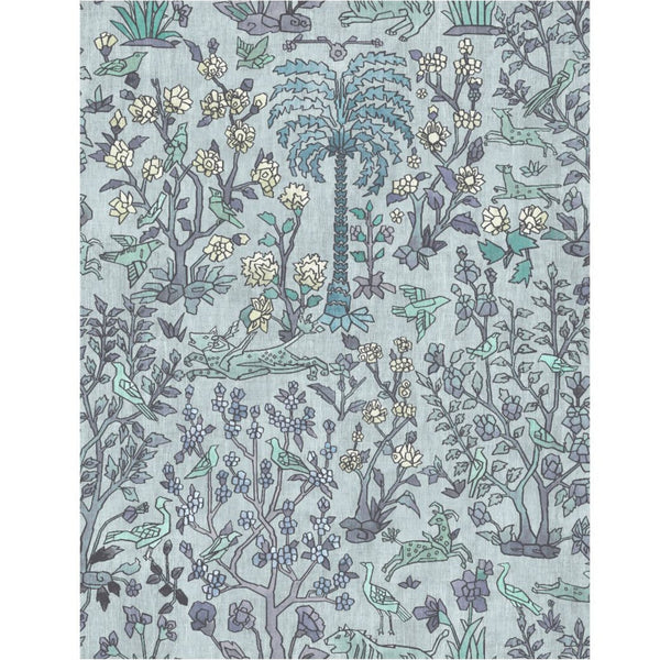 #lagune Mighty Jungle outdoor fabric in Lagune, a hand-drawn jungle print of palms, birds and flowers on a blue ground
