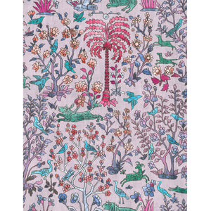 #lilac Mighty Jungle outdoor fabric in Lilac, a hand-drawn jungle print of palms, birds and flowers on a pale lavender ground