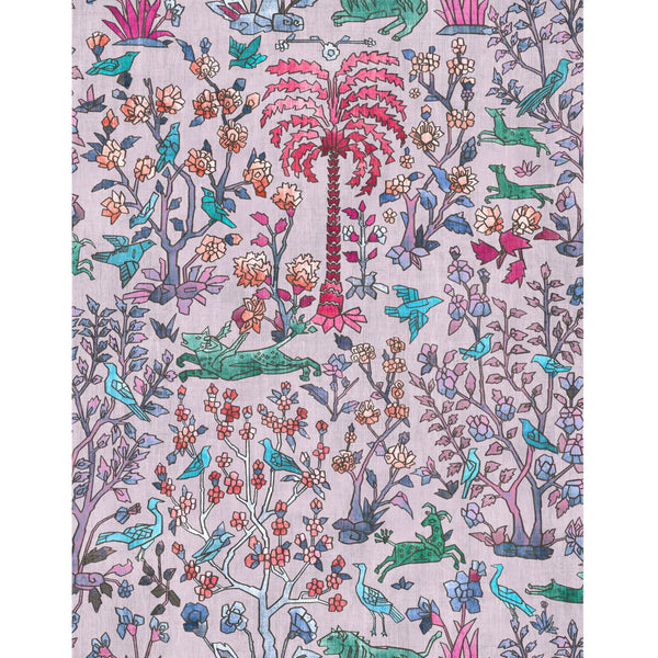 #lilac Mighty Jungle outdoor fabric in Lilac, a hand-drawn jungle print of palms, birds and flowers on a pale lavender ground