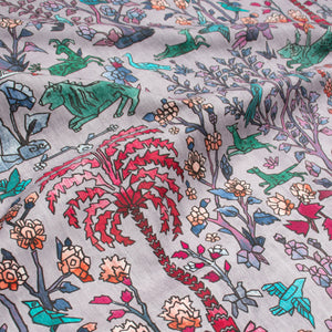 #lilac Mighty Jungle outdoor fabric in Lilac, draped to show the print in close detail