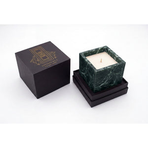 Jade Candle beside its Cottage No.2 gift box with gold foil detailing