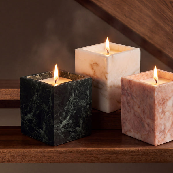 The Vale London marble candle collection: the Rose Quartz Candle, Travertine Candle and Jade Candle