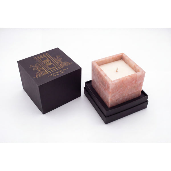 Rose Quartz Candle beside its Townhouse No.1 gift box with gold foil detailing